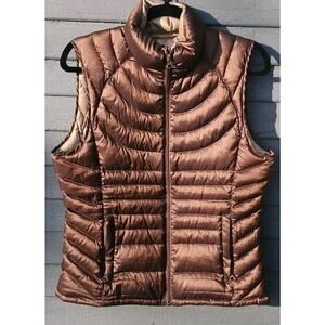 Womens Goose Down Puffer Vest Brown Satin SZ Med Zip Front Collarless Sno Bunny